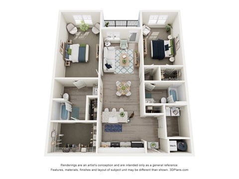 Floor plan for 2 beds, 2 baths, 1287 sqft